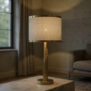 Brass Tiered Column Table Lamp – Modern Fabric Shade Bedside Light