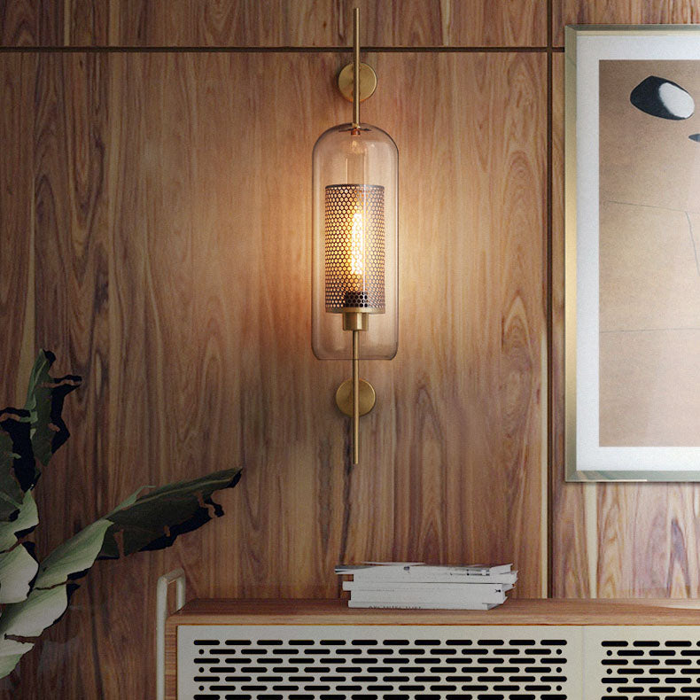 Vertical Glass Tube Wall Lamp Sconce – Perforated Brass Cylinder LED Fixture with Clear Dome Shade