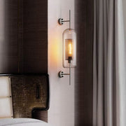Vertical Glass Tube Wall Lamp Sconce – Perforated Brass Cylinder LED Fixture with Clear Dome Shade