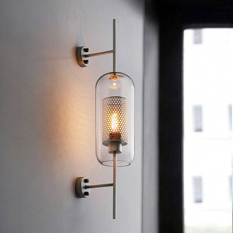 Vertical Glass Tube Wall Lamp Sconce – Perforated Brass Cylinder LED Fixture with Clear Dome Shade
