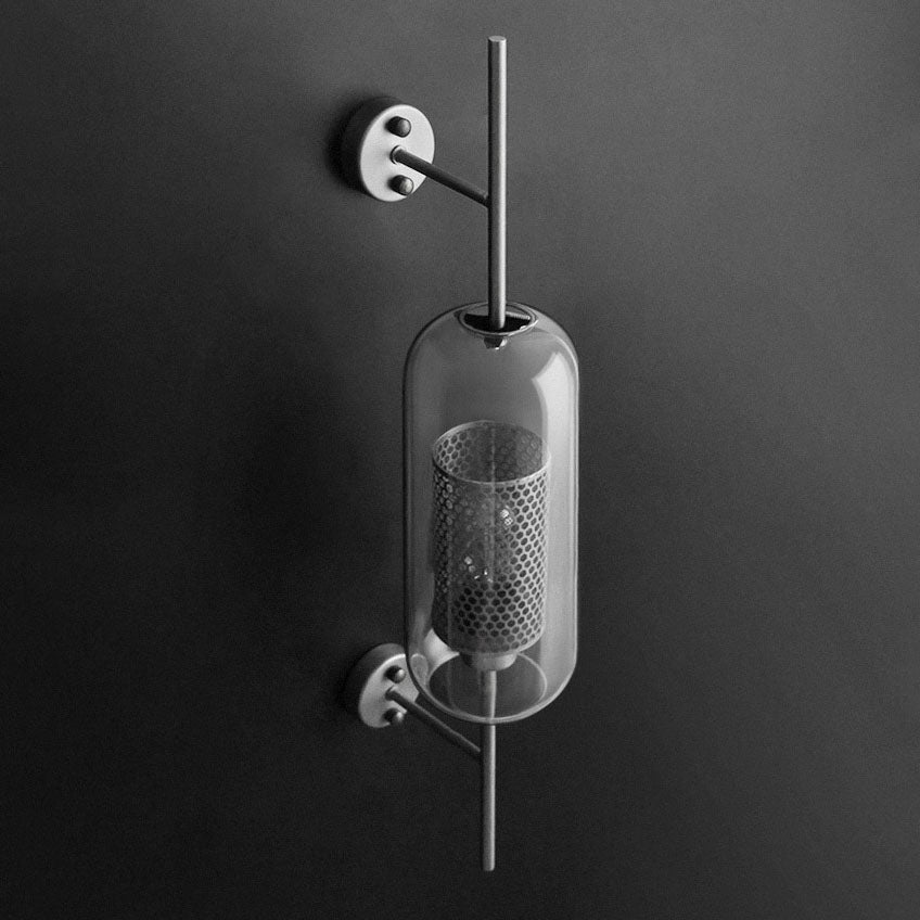 Vertical Glass Tube Wall Lamp Sconce – Perforated Brass Cylinder LED Fixture with Clear Dome Shade