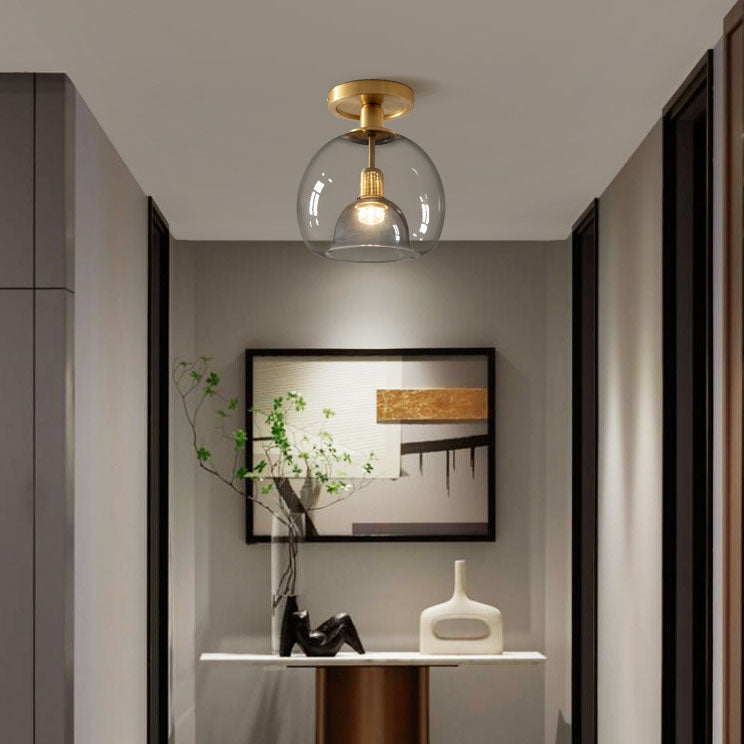 Brushed Brass Semi-Flush Ceiling Light with Smoked Glass Globe
