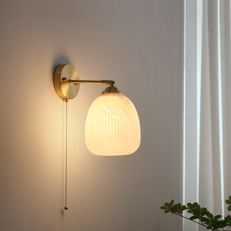 Brass Ribbed Glass Wall Lamp  – Textured Dome Pull-Chain Switch