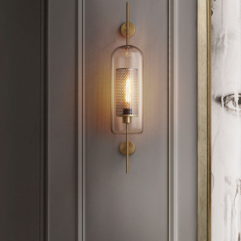 Vertical Glass Tube Wall Lamp Sconce – Perforated Brass Cylinder LED Fixture with Clear Dome Shade