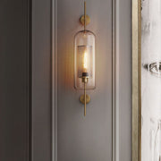 Vertical Glass Tube Wall Lamp Sconce – Perforated Brass Cylinder LED Fixture with Clear Dome Shade