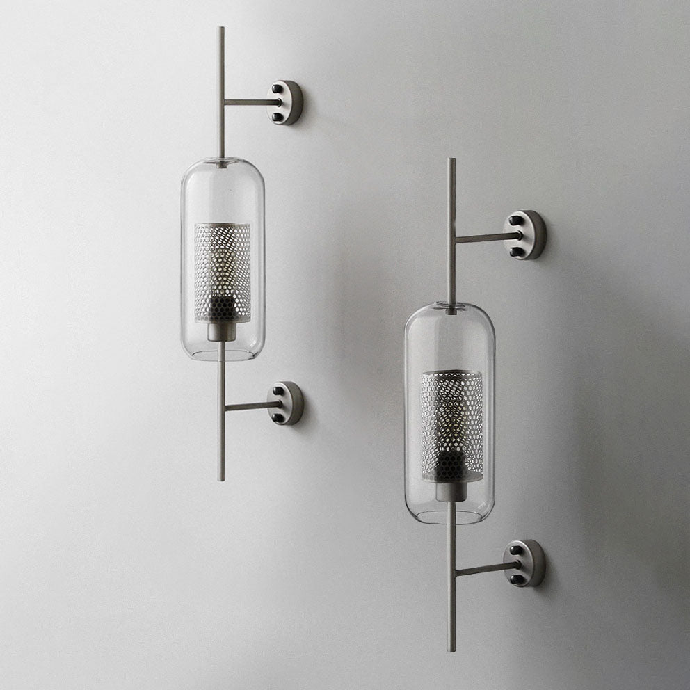 Vertical Glass Tube Wall Lamp Sconce – Perforated Brass Cylinder LED Fixture with Clear Dome Shade