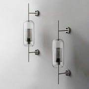 Vertical Glass Tube Wall Lamp Sconce – Perforated Brass Cylinder LED Fixture with Clear Dome Shade