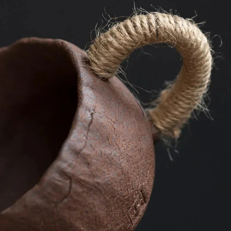 Terrum Rustic Mug Saucer Set – Handmade Ceramic Rope Handle Coffee Cup Mid Century Modern Home Furnishing