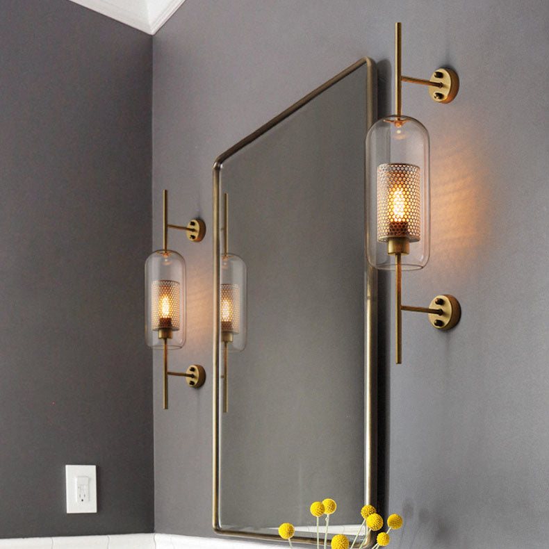 Vertical Glass Tube Wall Lamp Sconce – Perforated Brass Cylinder LED Fixture with Clear Dome Shade