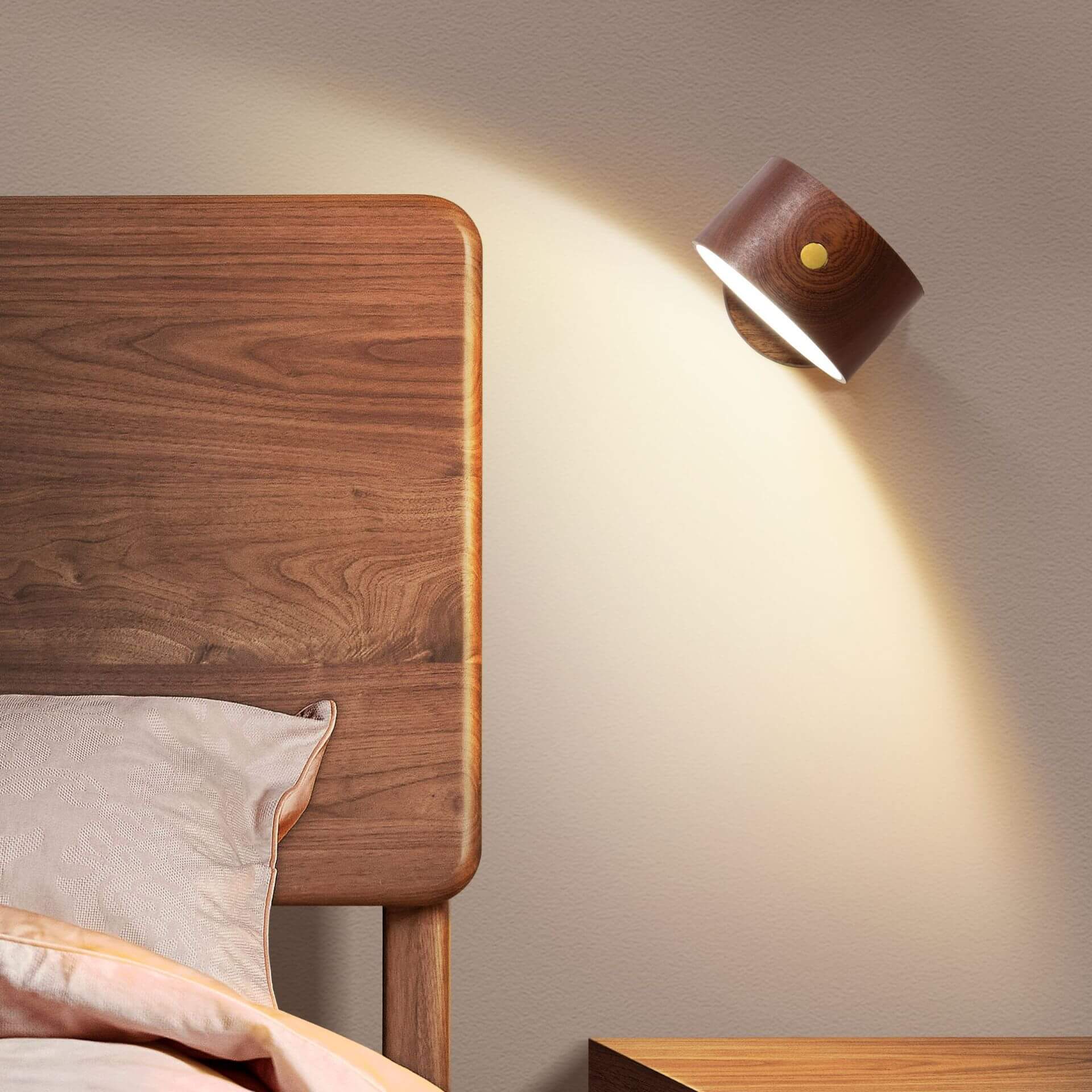 Adjustable Walnut LED Wall Lamp – Rotatable Wood Spotlight Fixture with Brass Detail
