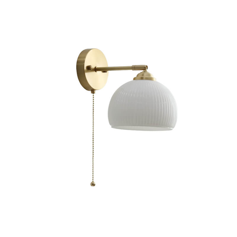 Brass Ribbed Glass Wall Lamp  – Textured Dome Pull-Chain Switch