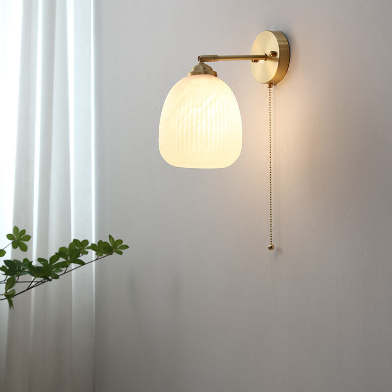 Brass Ribbed Glass Wall Lamp  – Textured Dome Pull-Chain Switch