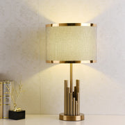 Brass Tiered Column Table Lamp – Modern Fabric Shade Bedside Light