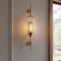Vertical Glass Tube Wall Lamp Sconce – Perforated Brass Cylinder LED Fixture with Clear Dome Shade