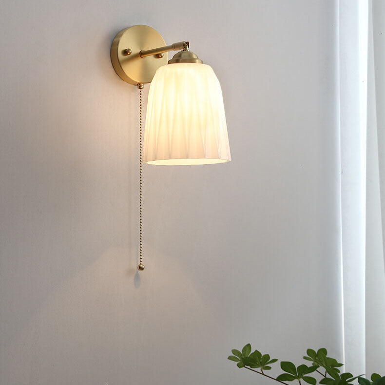 Brass Ribbed Glass Wall Lamp  – Textured Dome Pull-Chain Switch