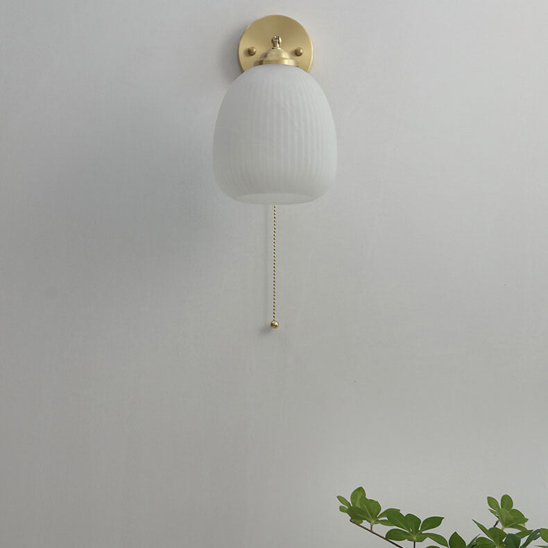 Brass Ribbed Glass Wall Lamp  – Textured Dome Pull-Chain Switch