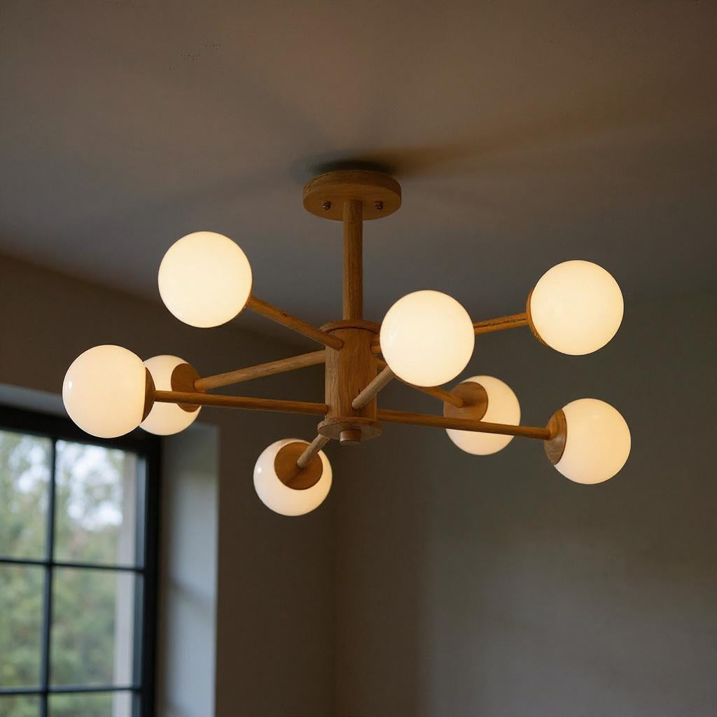 Wooden Globe Ceiling Light – Modern Multi-Arm LED Fixture