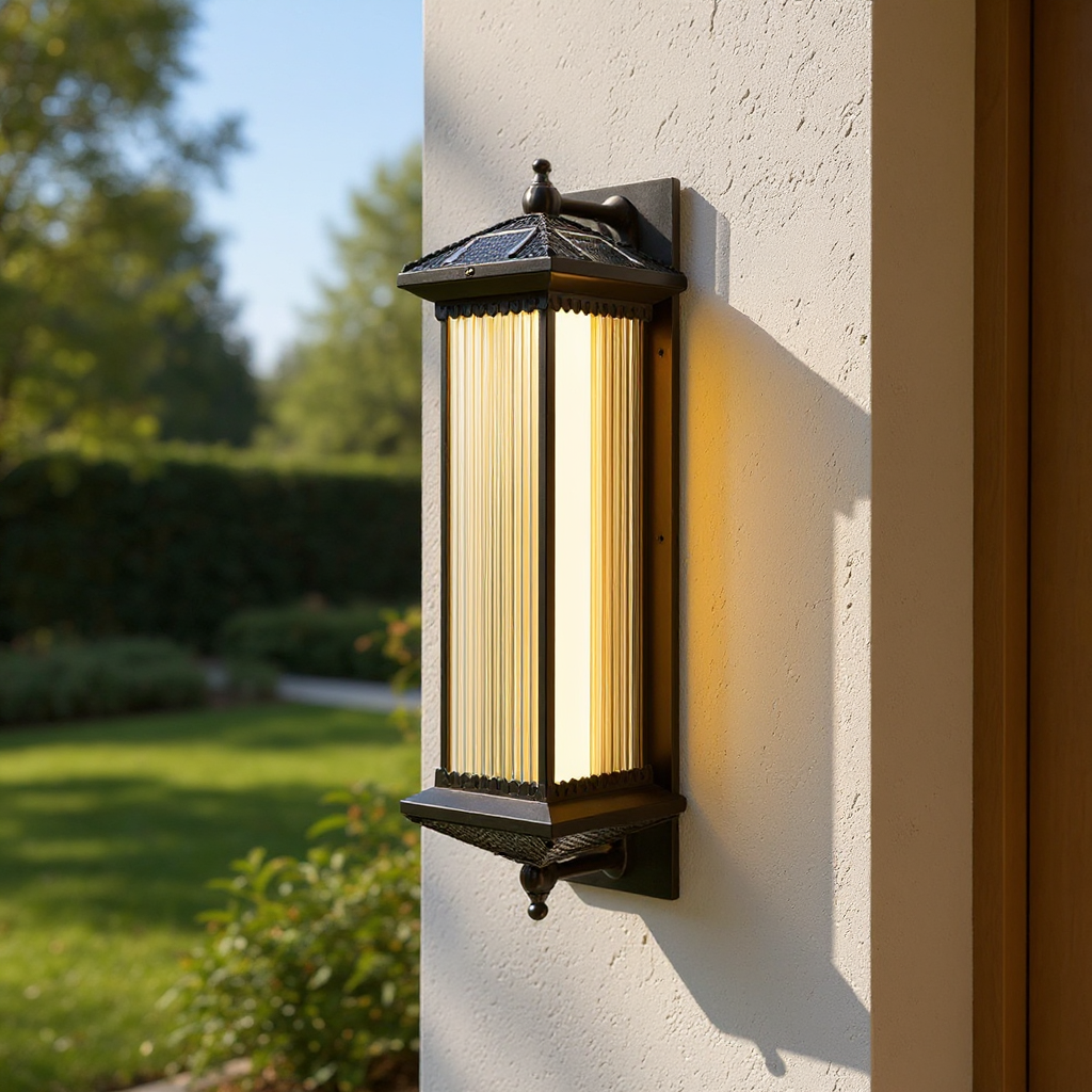 Striped Glass Solar Outdoor Wall Lamp with Warm Ambient Illumination – Waterproof Decorative Exterior Light