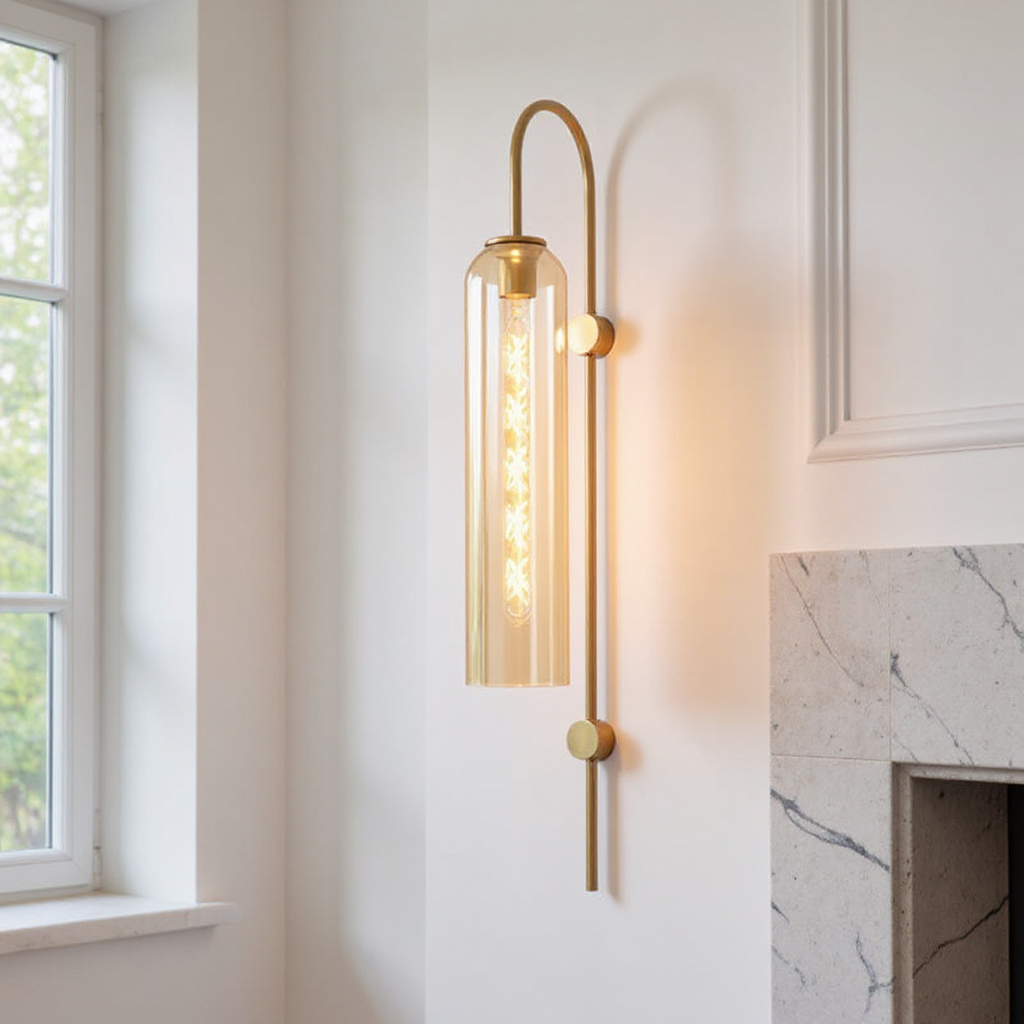 Arcline Cylinder Glass Wall Sconce – Brass Modern Bedroom Hallway Adjustable Light Fixture
