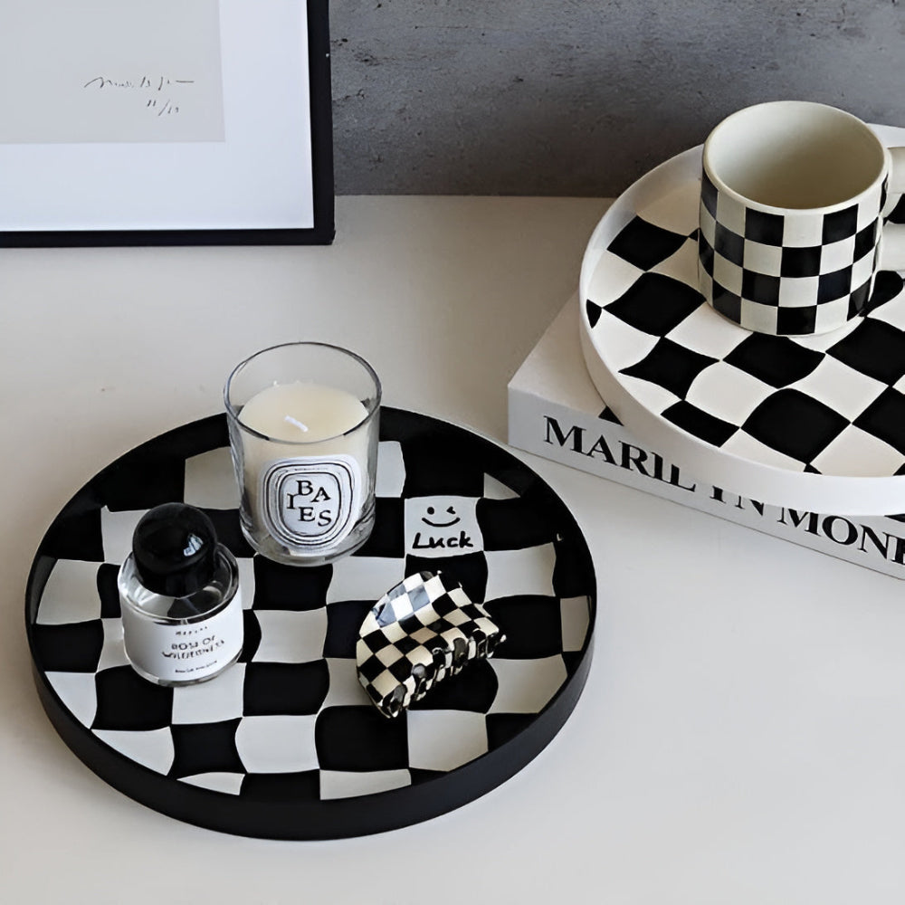 Gridlyn Round Catch Tray – Black White Checkered Decorative Tray Kitchen Bathroom Entryway Organizer