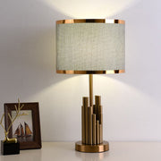 Brass Tiered Column Table Lamp – Modern Fabric Shade Bedside Light