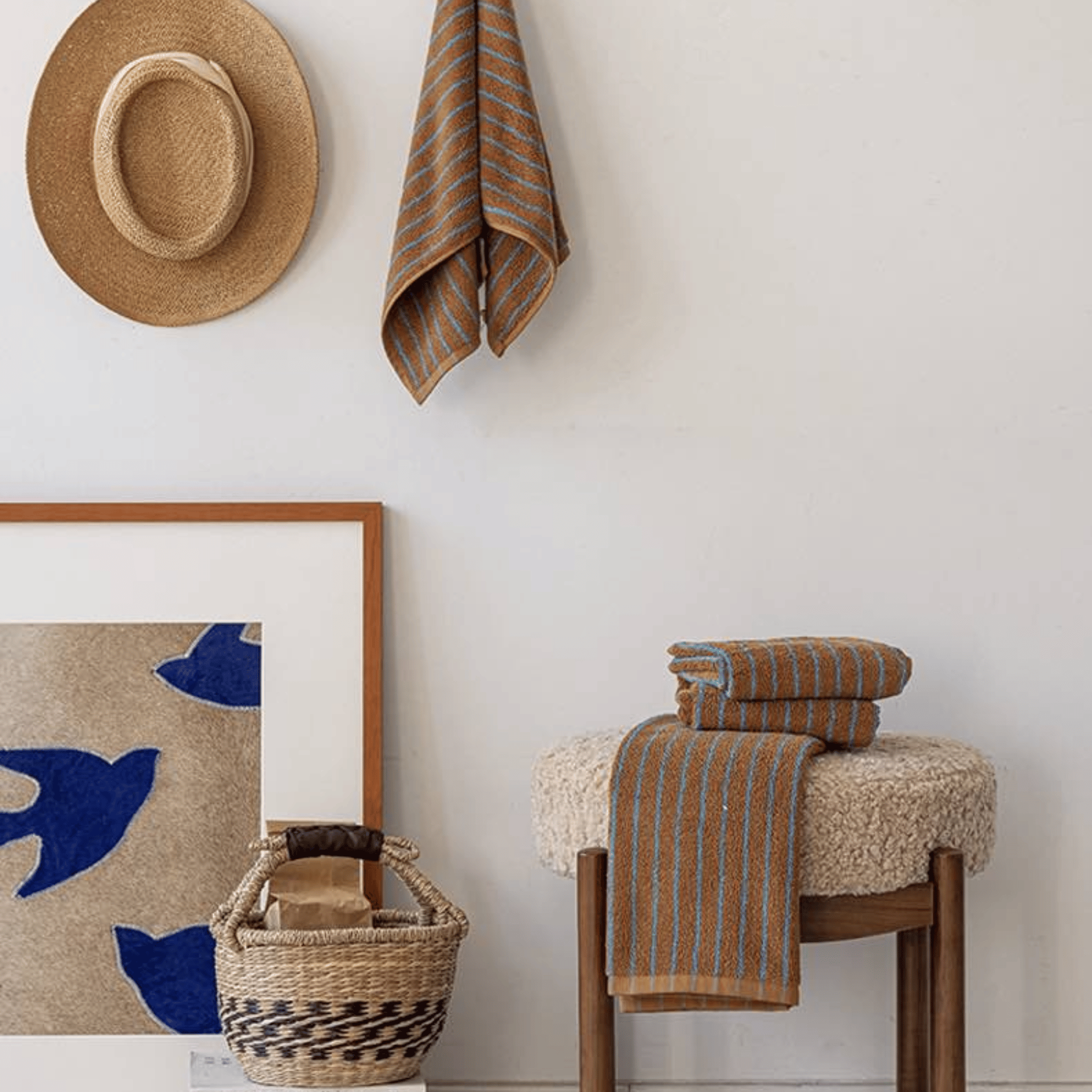Harlow Stripe Cotton Towel – Rust Orange Turquoise Vertical Striped Terry Bath Hand Towel Kitchen