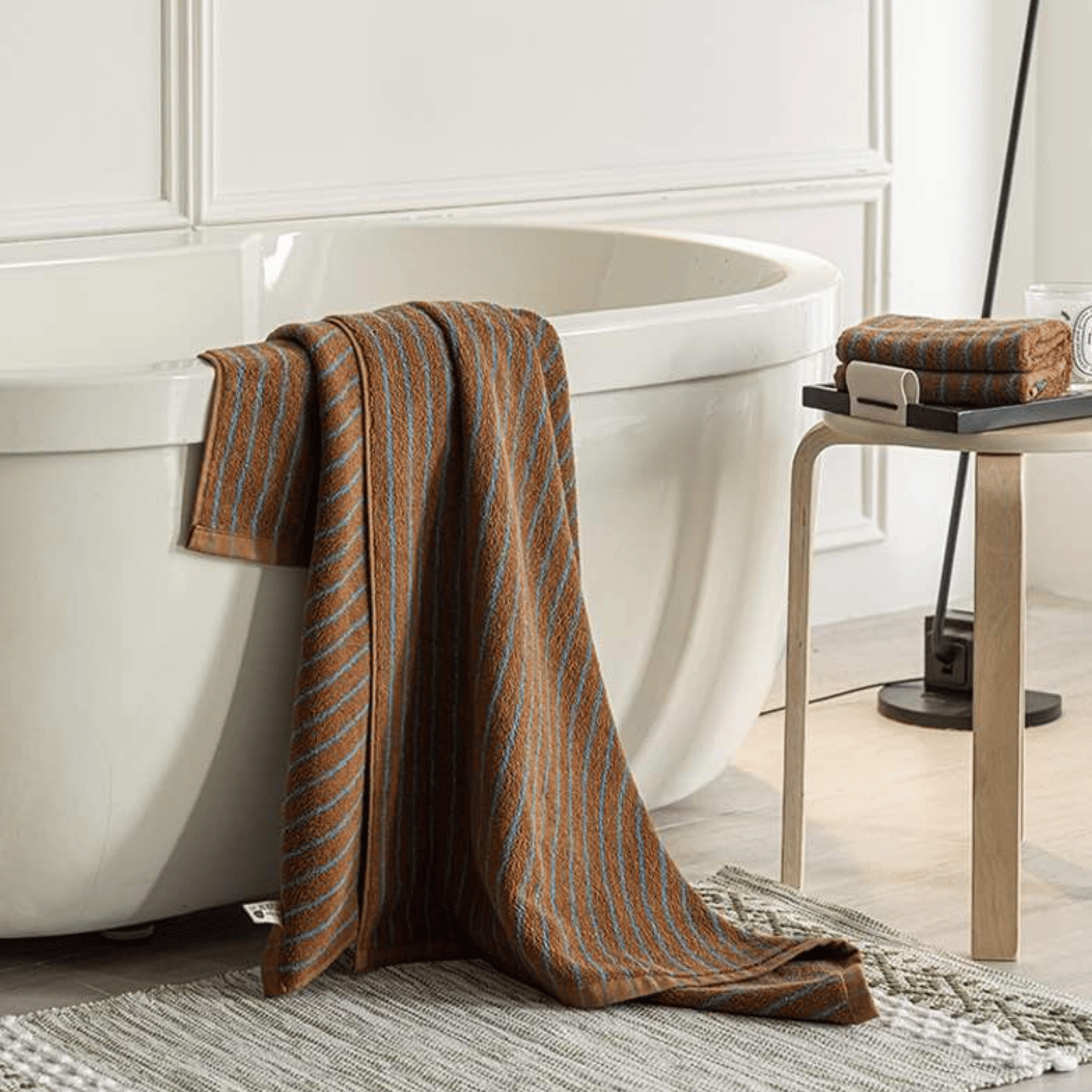 Harlow Stripe Cotton Towel – Rust Orange Turquoise Vertical Striped Terry Bath Hand Towel Kitchen