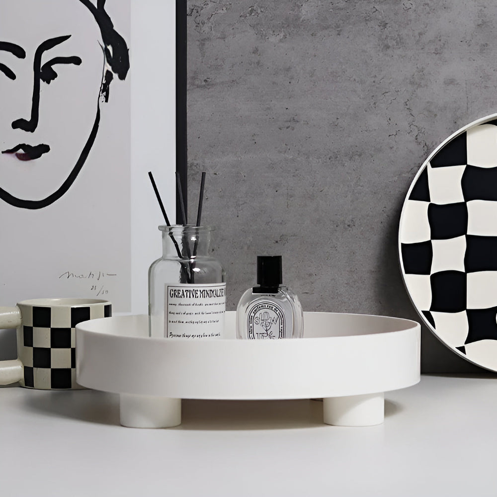 Gridlyn Round Catch Tray – Black White Checkered Decorative Tray Kitchen Bathroom Entryway Organizer