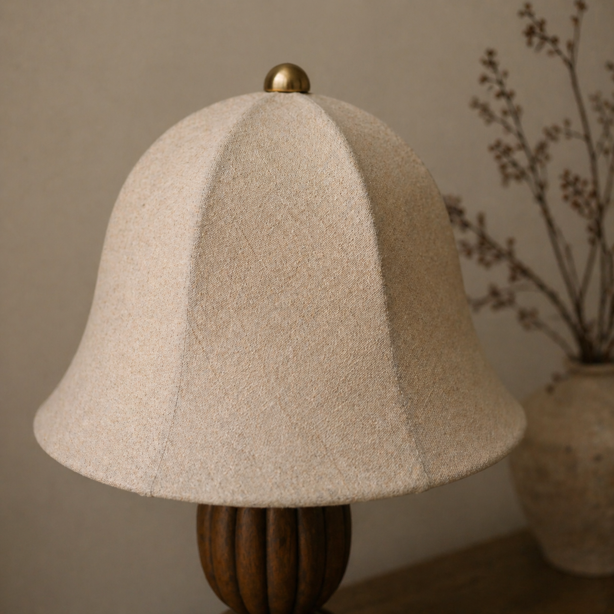 Fleuris Grove Table Lamp – Carved Wood Base Linen Shade Bedroom Living Room Decorative Lighting