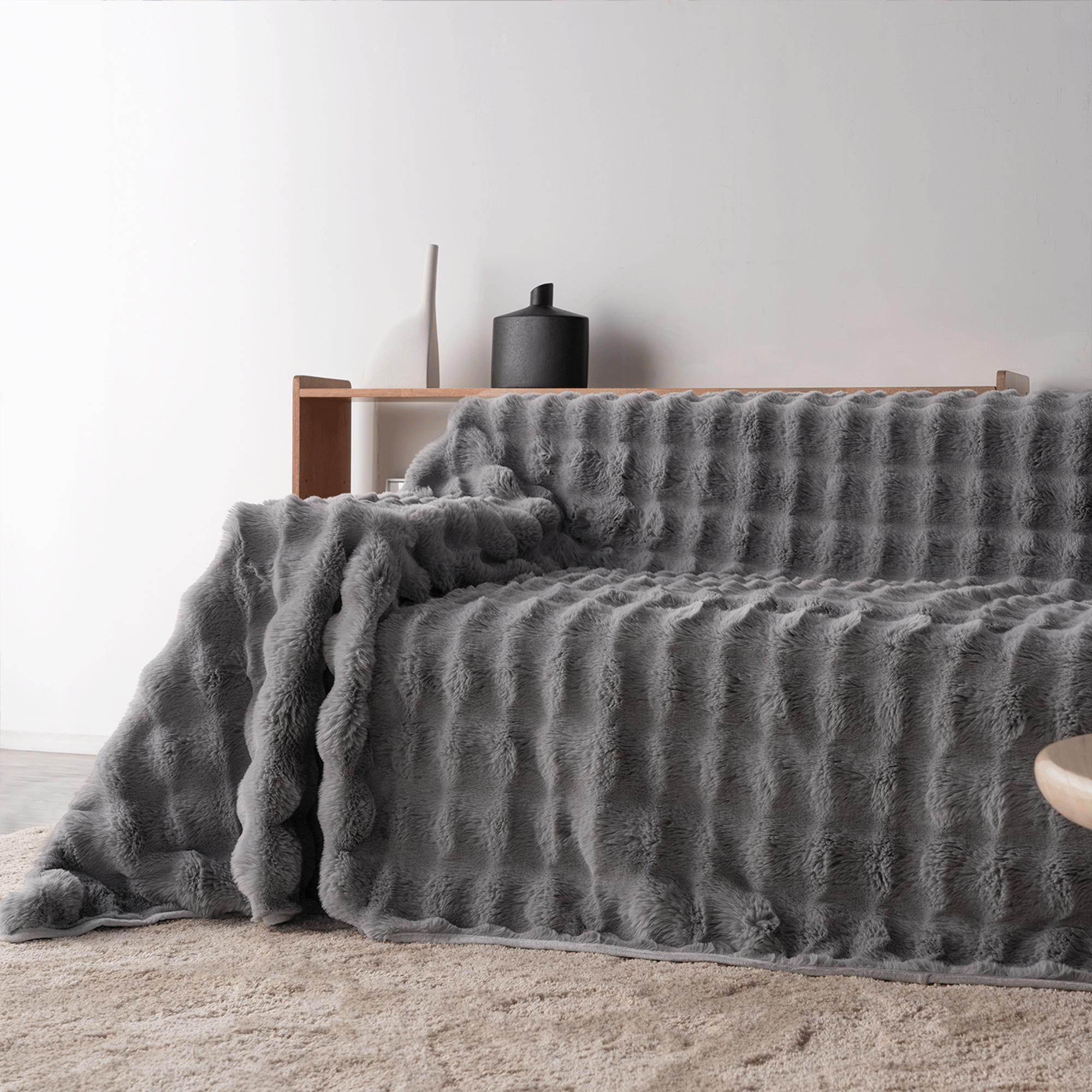 Cirrus Plush Throw Blanket – Faux Fur Channel Stitch Grey Luxury Soft Cozy Bedroom Living Room Decor