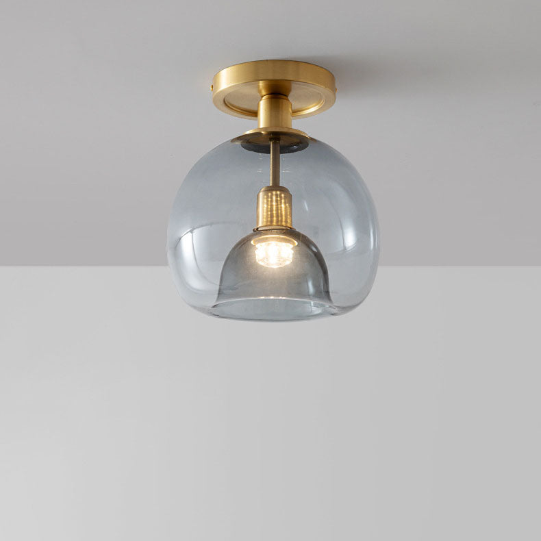 Brushed Brass Semi-Flush Ceiling Light with Smoked Glass Globe
