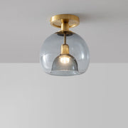 Brushed Brass Semi-Flush Ceiling Light with Smoked Glass Globe