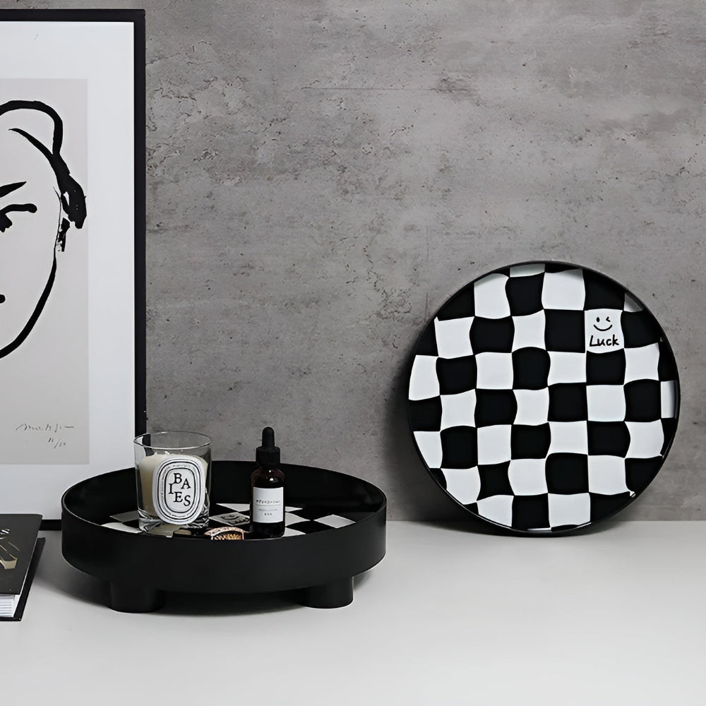 Gridlyn Round Catch Tray – Black White Checkered Decorative Tray Kitchen Bathroom Entryway Organizer