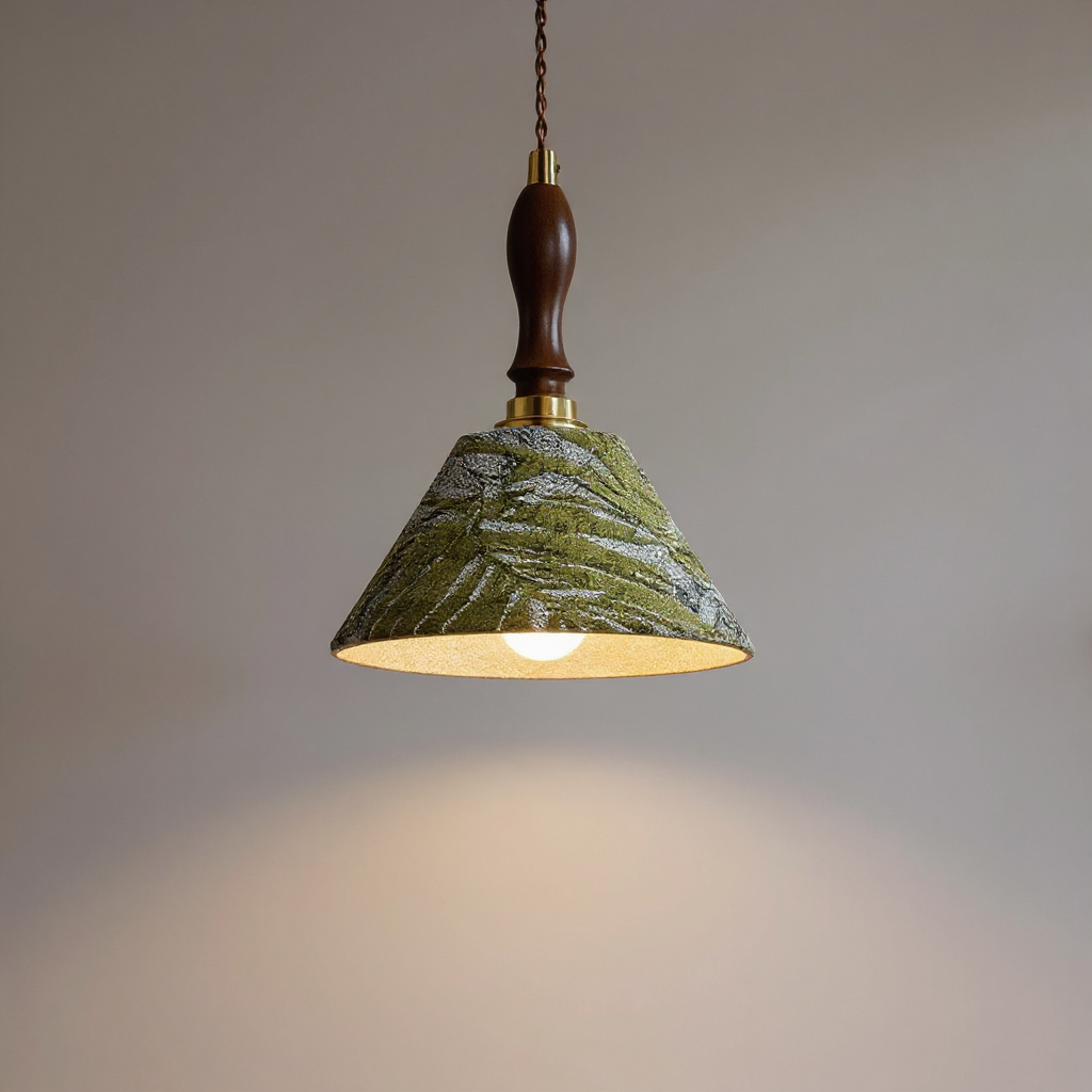 Artisan Textured Cone Pendant Light – Vintage Wood Handle Kitchen Dining Room Hanging Fixture