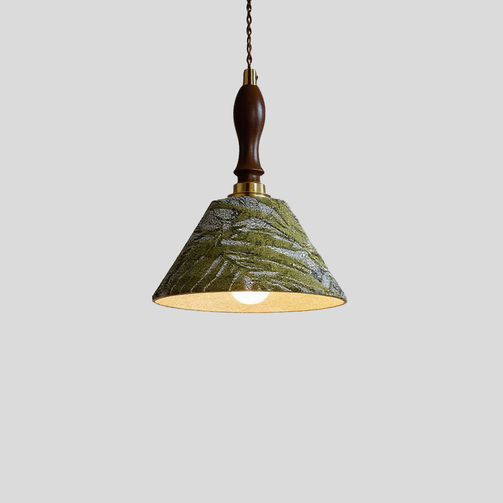 Artisan Textured Cone Pendant Light – Vintage Wood Handle Kitchen Dining Room Hanging Fixture