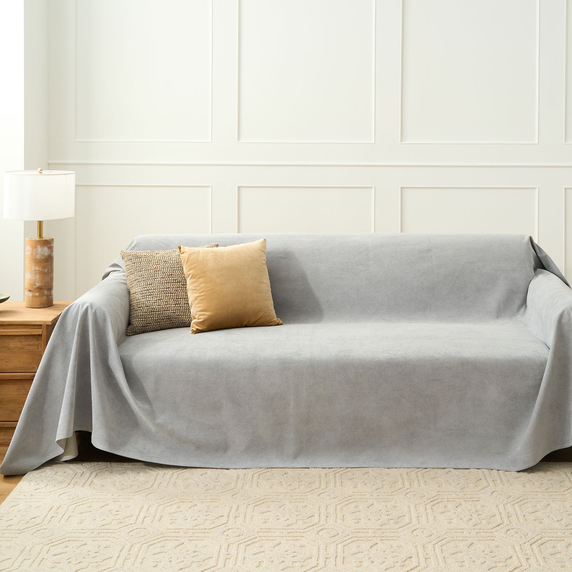 Cascada Velvet Sofa Throw – Heathered Blue Soft Fabric Couch Cover Living Room Bedroom Furniture Protector