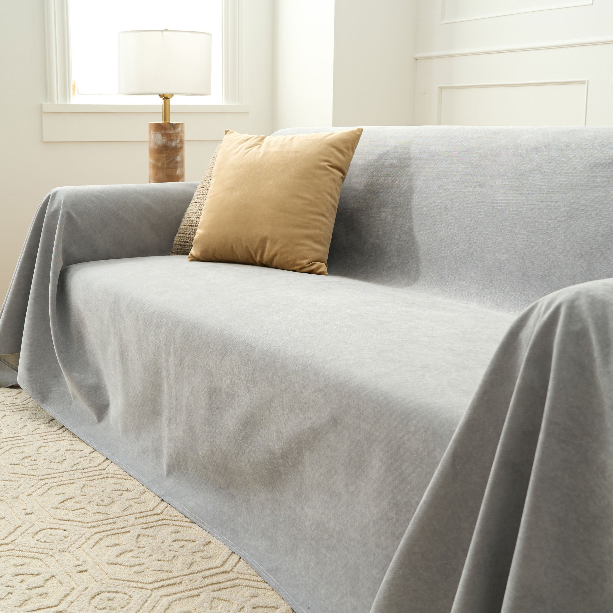 Cascada Velvet Sofa Throw – Heathered Blue Soft Fabric Couch Cover Living Room Bedroom Furniture Protector
