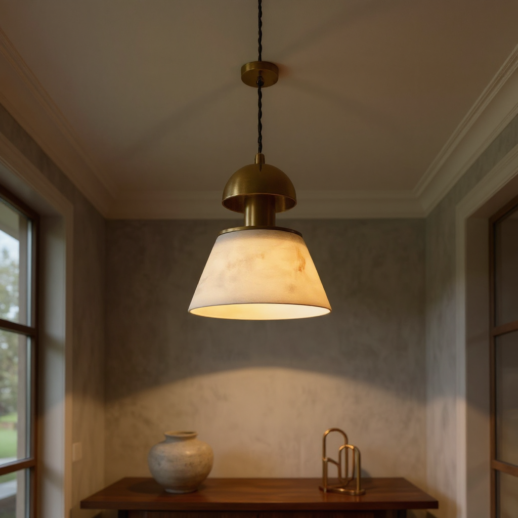 Verona Alabaster Cone Pendant Light – Brass Kitchen Island Dining Room Hanging Fixture