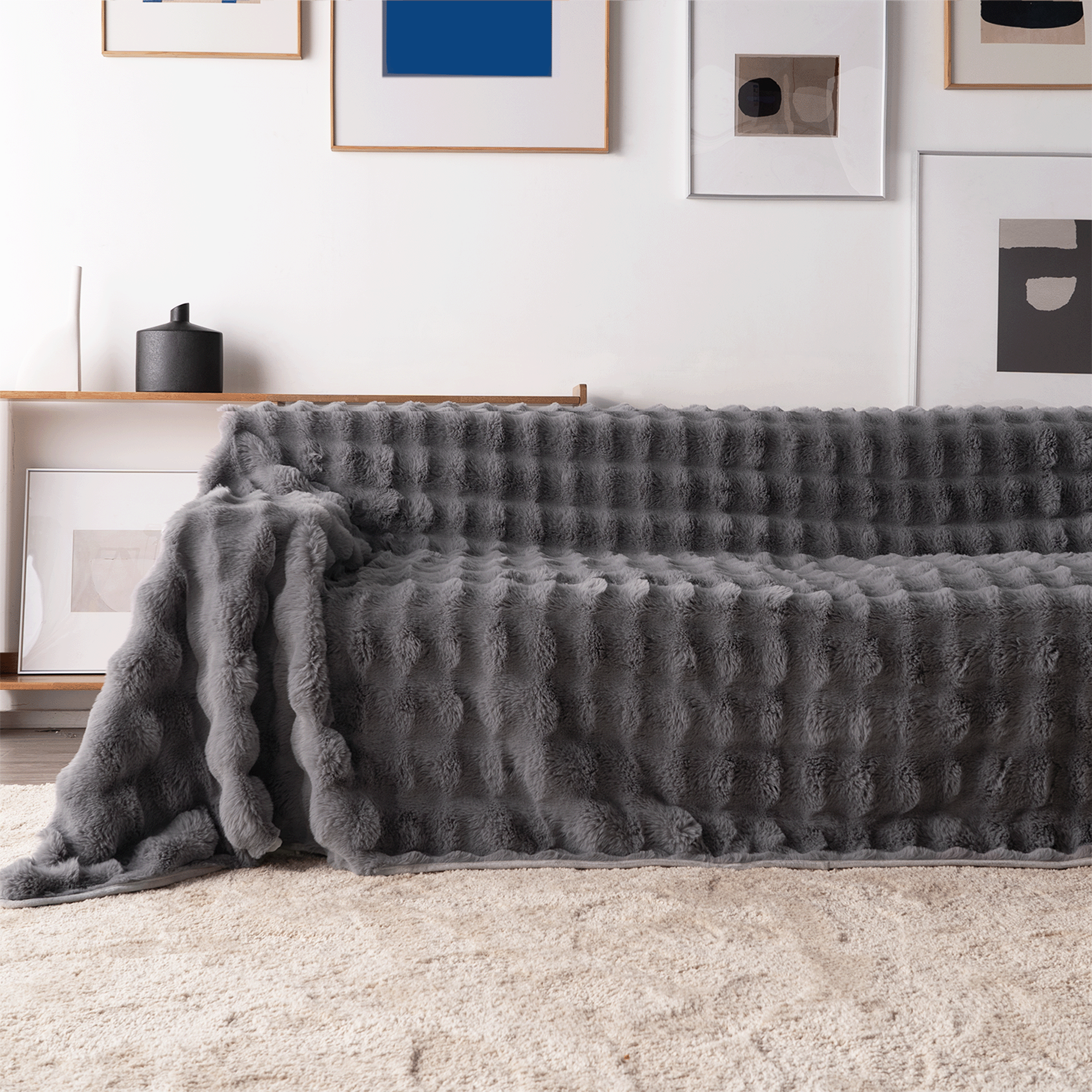 Cirrus Plush Throw Blanket – Faux Fur Channel Stitch Grey Luxury Soft Cozy Bedroom Living Room Decor