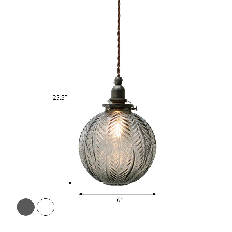 Round Glass Pendant Light – LED Clear Smoke Glass Pendant Fixture Feather Detail
