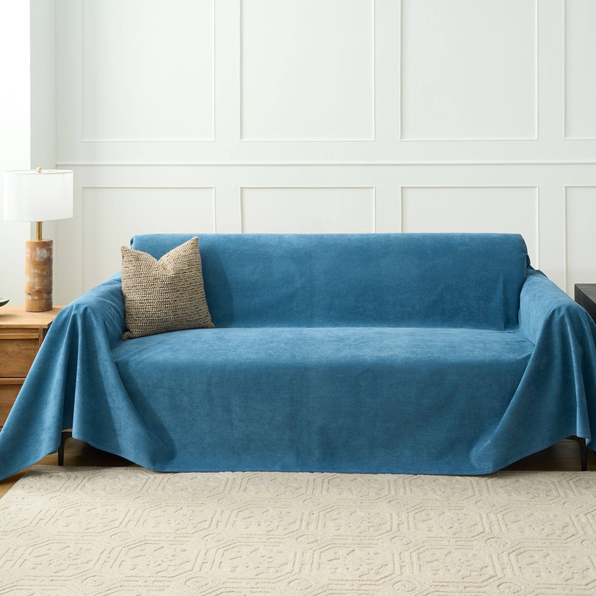 Cascada Velvet Sofa Throw – Heathered Blue Soft Fabric Couch Cover Living Room Bedroom Furniture Protector