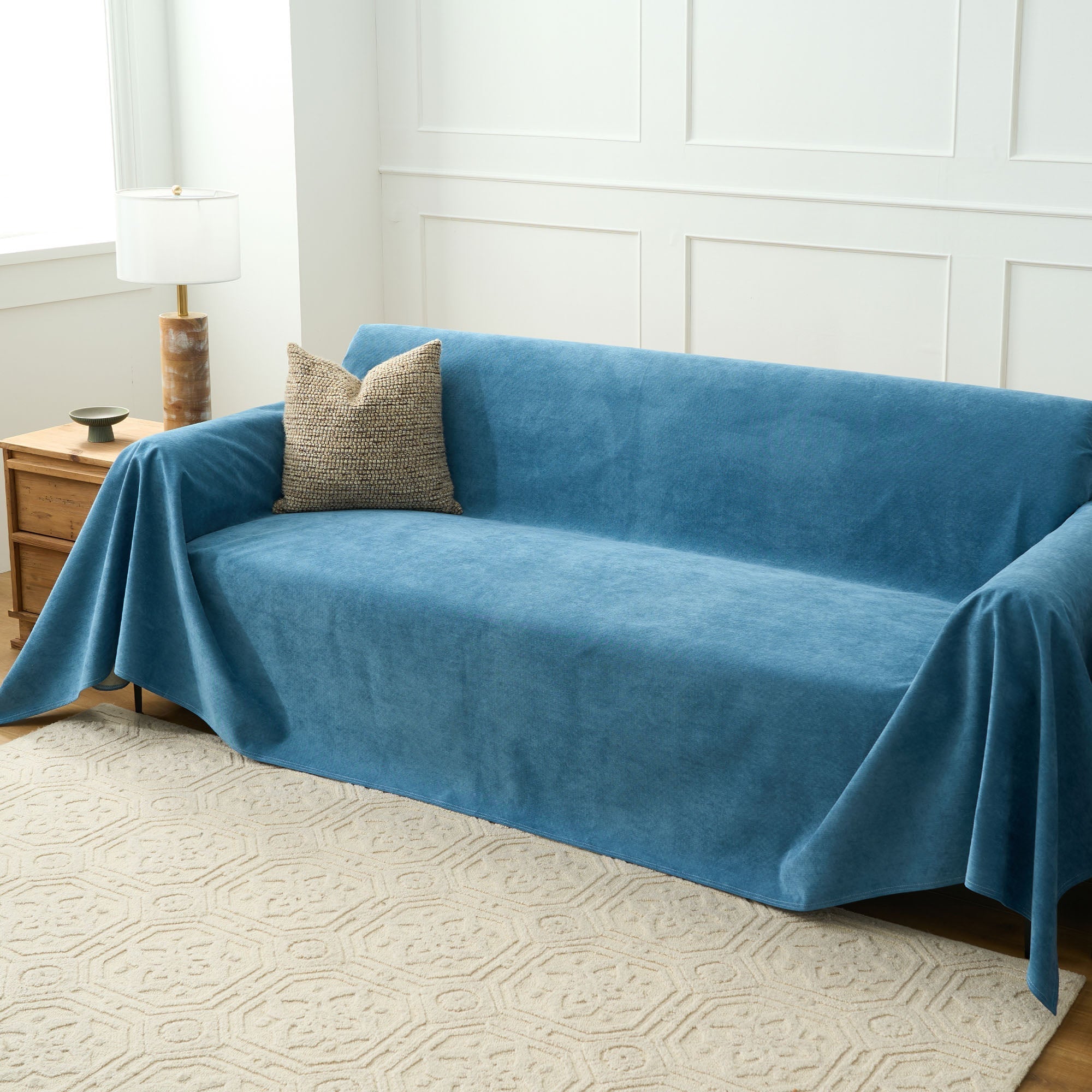 Cascada Velvet Sofa Throw – Heathered Blue Soft Fabric Couch Cover Living Room Bedroom Furniture Protector
