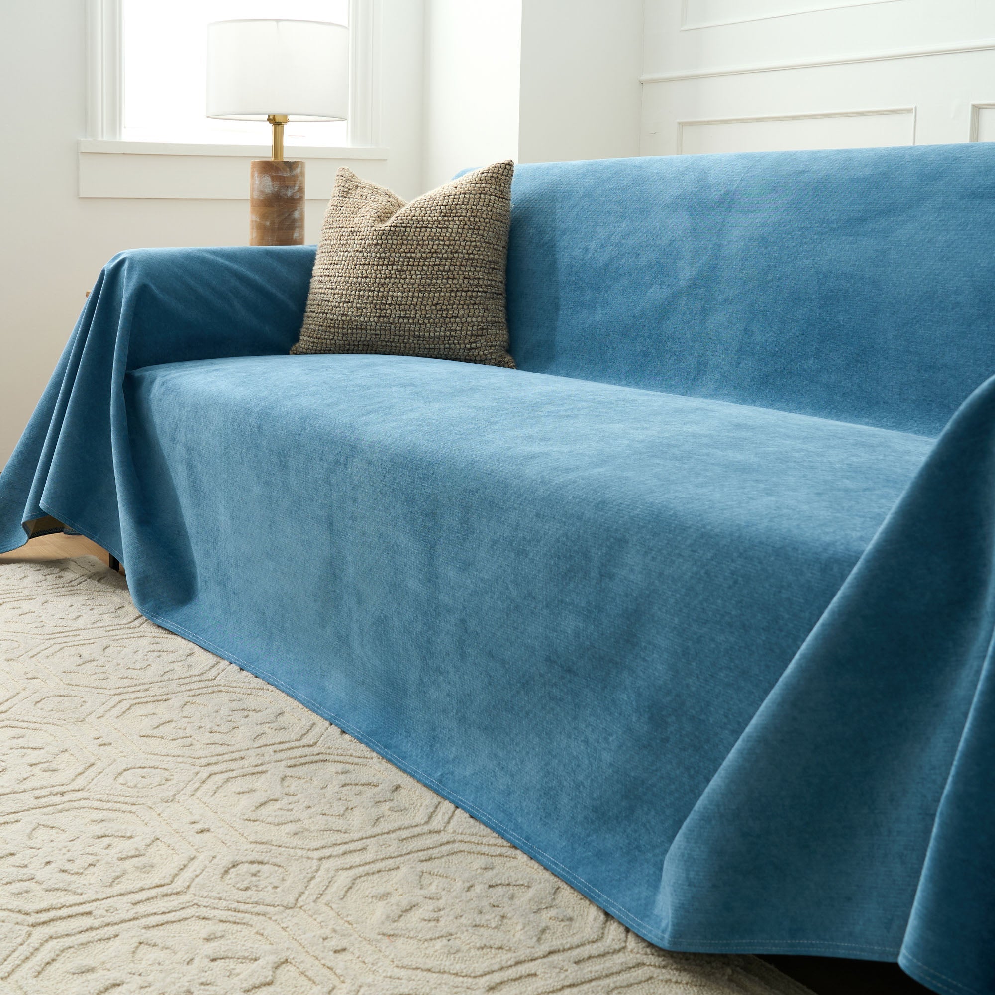 Cascada Velvet Sofa Throw – Heathered Blue Soft Fabric Couch Cover Living Room Bedroom Furniture Protector