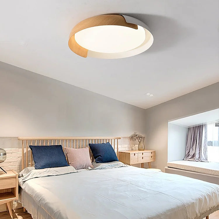 Solara Round Wood Accent LED Ceiling Light – Modern Flush Mount Bedroom Living Room Fixture