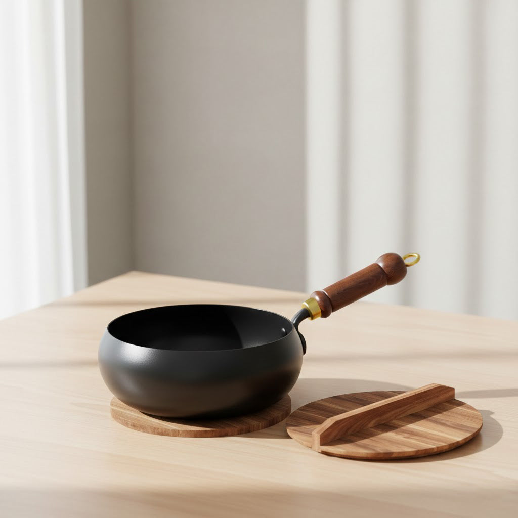 Kaldor Cast Iron Skillet – Nonstick Black Cooking Pan Wooden Handle Lid Kitchen Cookware