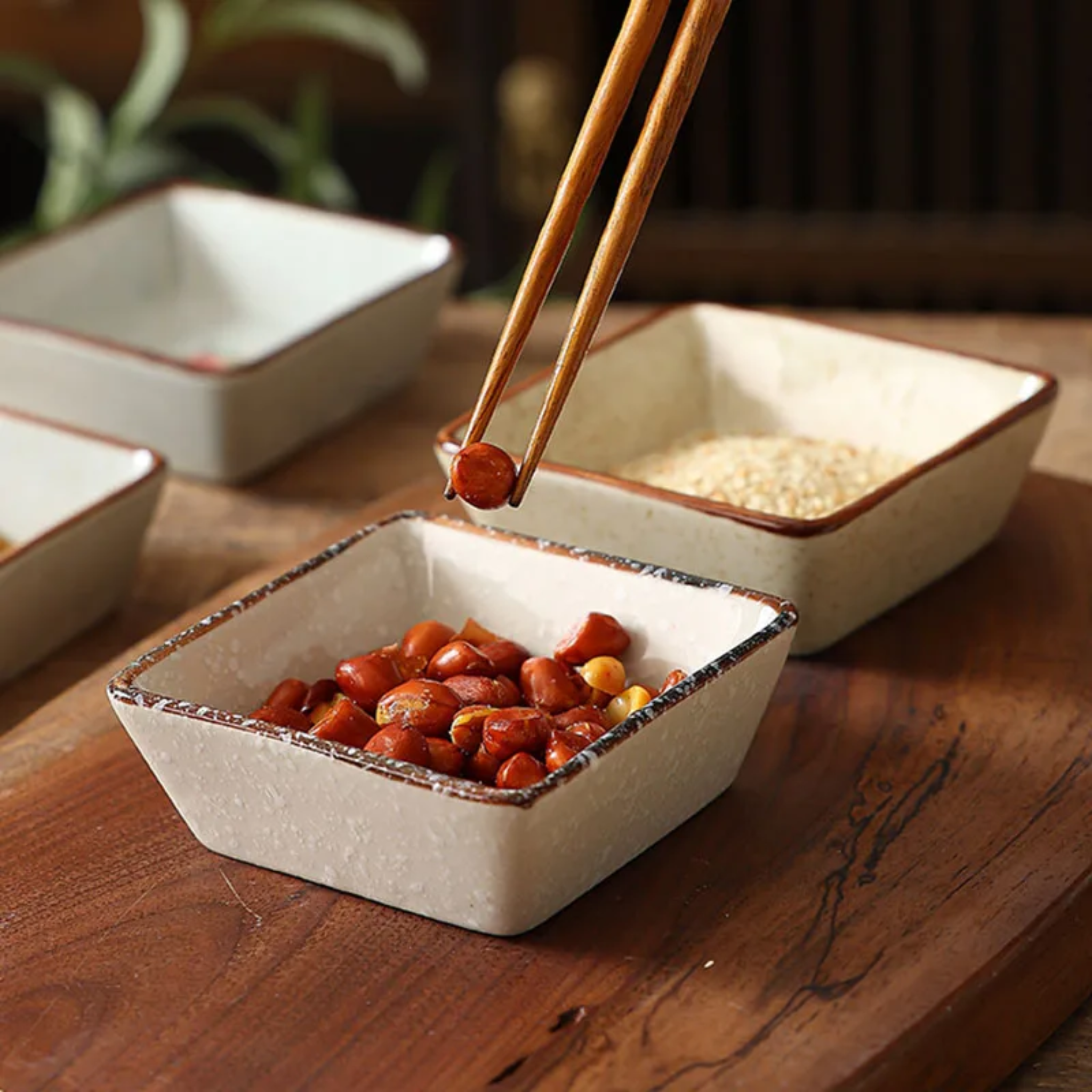 Hanami Ceramic Sauce Dish Set – Japanese Hand-Painted Small Serving Bowls Wooden Tray Appetizer Condiment