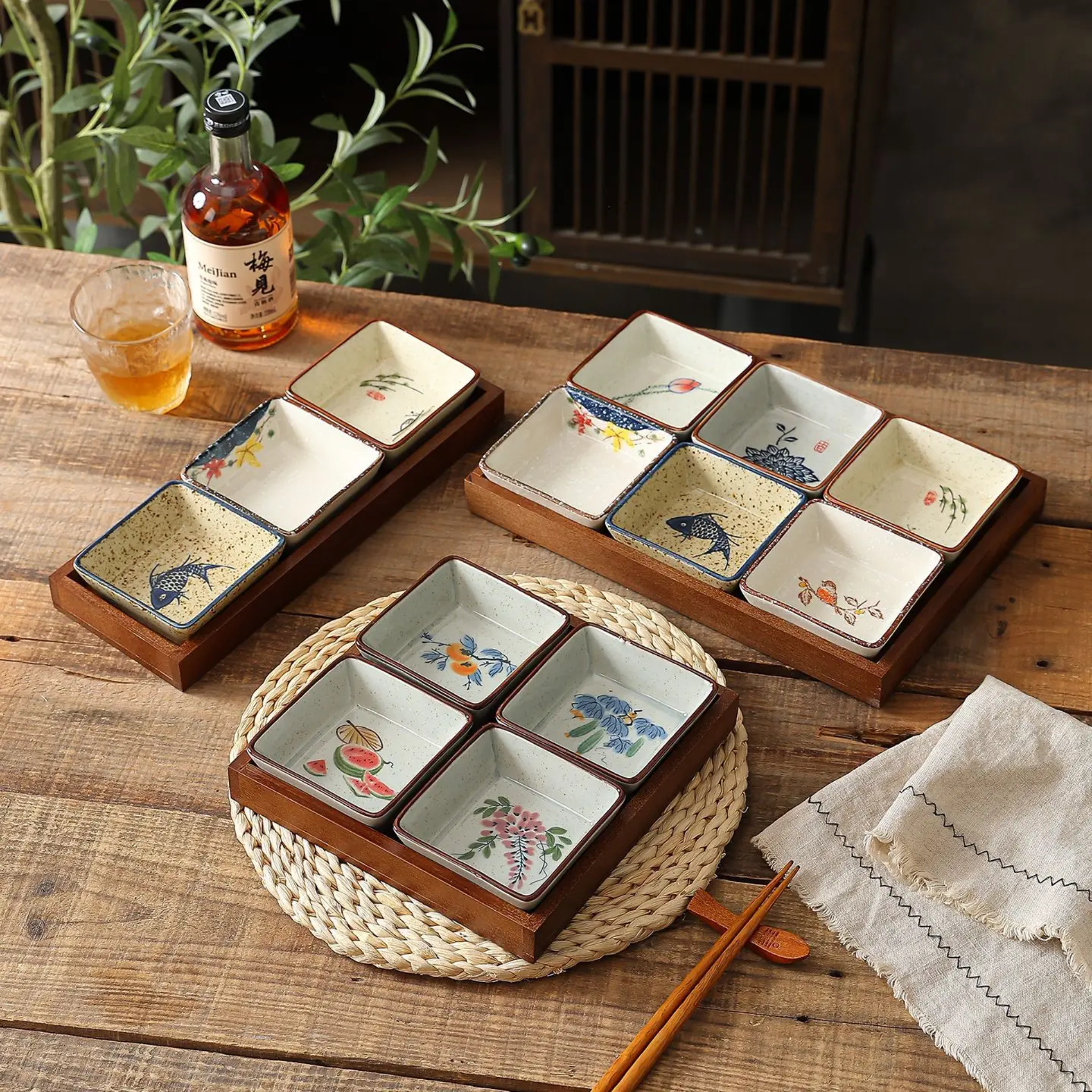 Hanami Ceramic Sauce Dish Set – Japanese Hand-Painted Small Serving Bowls Wooden Tray Appetizer Condiment