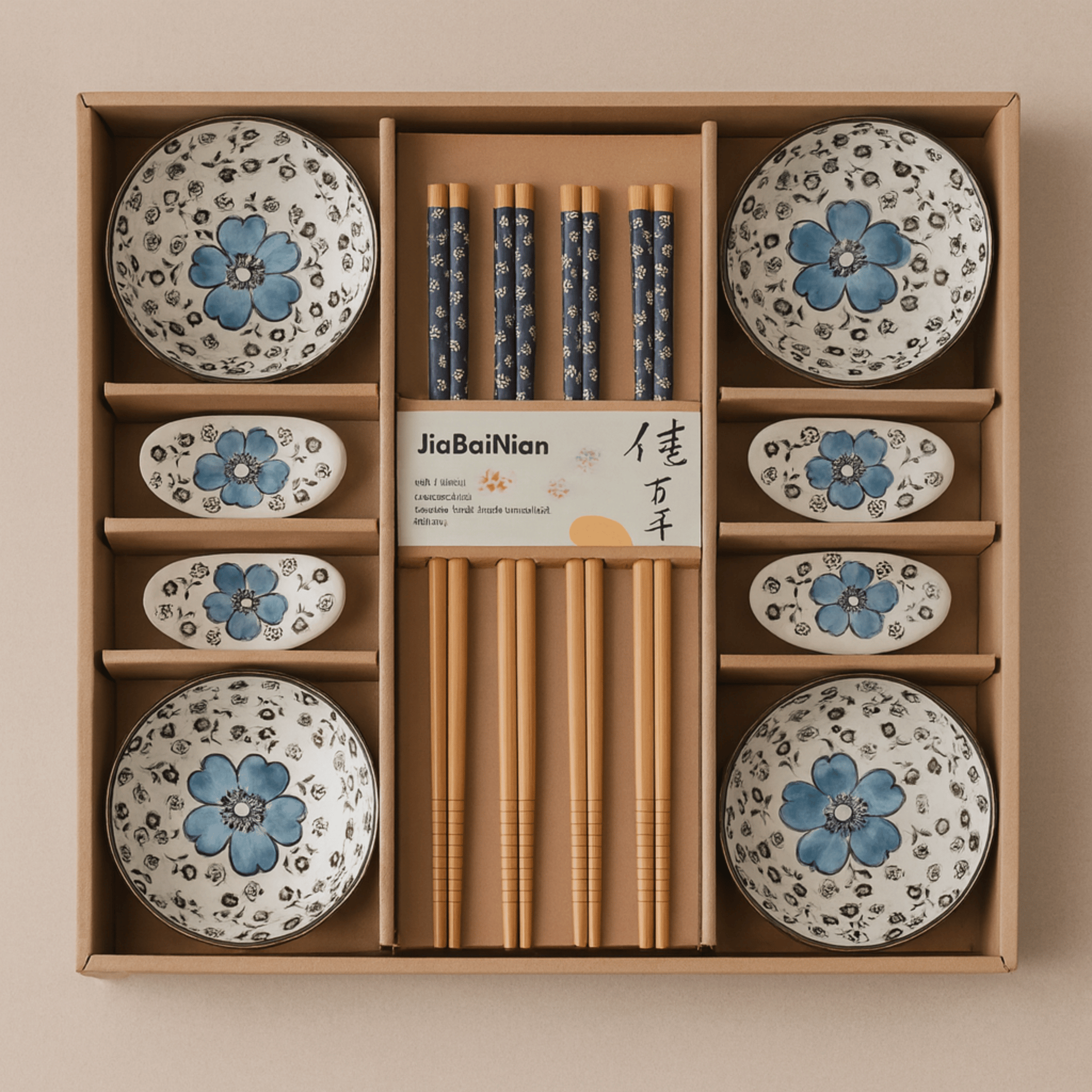 Hanami Ceramic Sushi Dinnerware Set – 12 Piece Blue Floral Japanese Tableware Bowls Plates Chopsticks Gift Box
