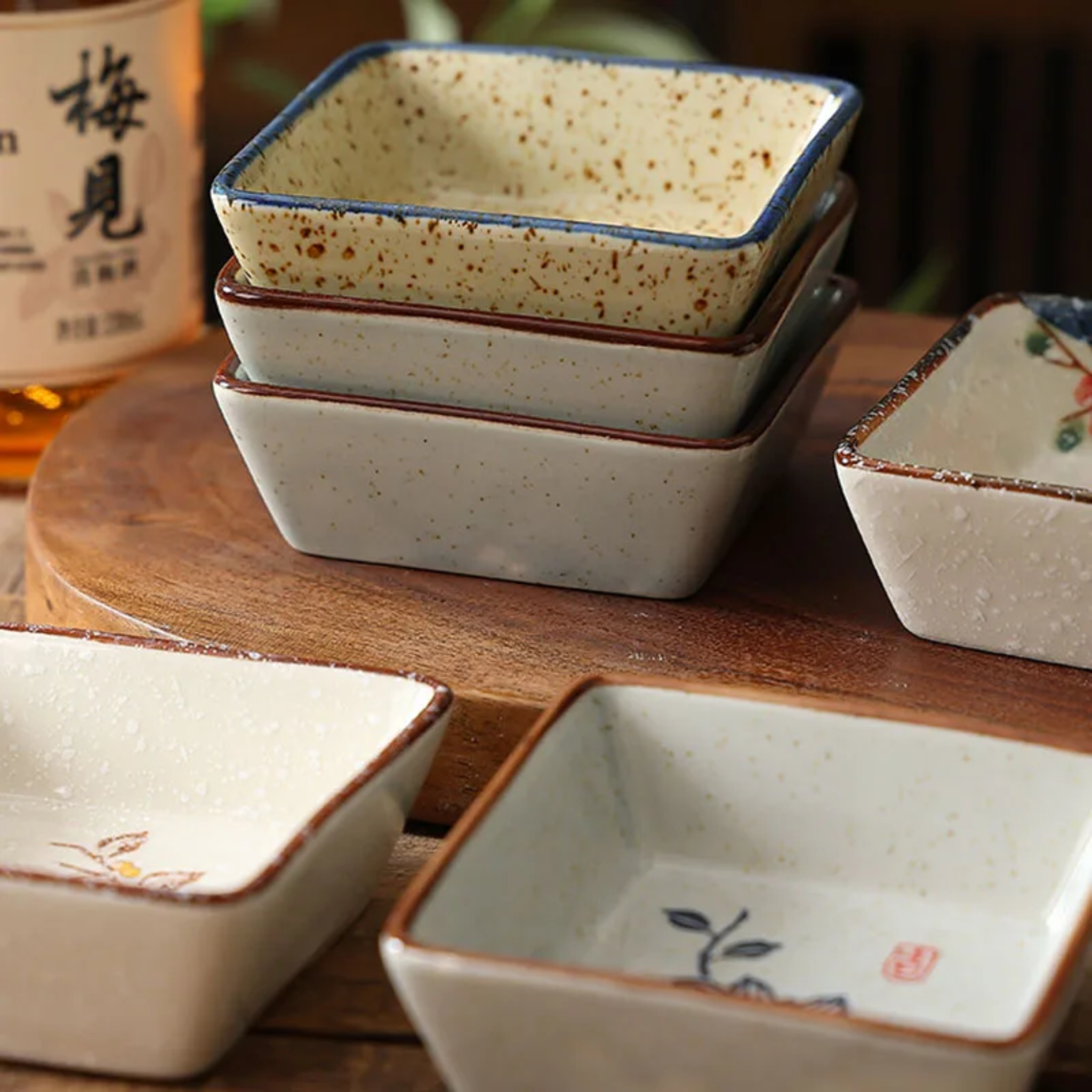 Hanami Ceramic Sauce Dish Set – Japanese Hand-Painted Small Serving Bowls Wooden Tray Appetizer Condiment