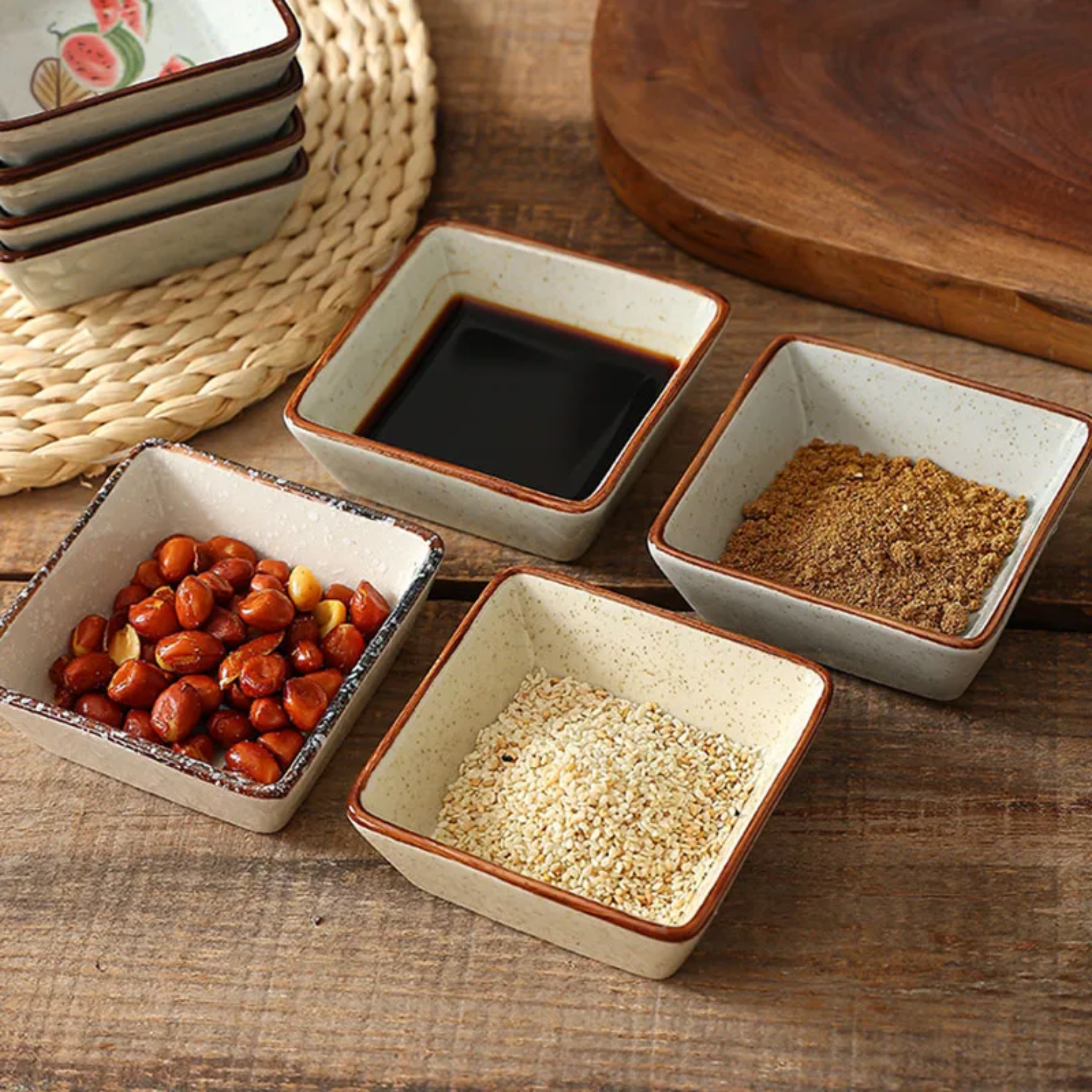 Hanami Ceramic Sauce Dish Set – Japanese Hand-Painted Small Serving Bowls Wooden Tray Appetizer Condiment